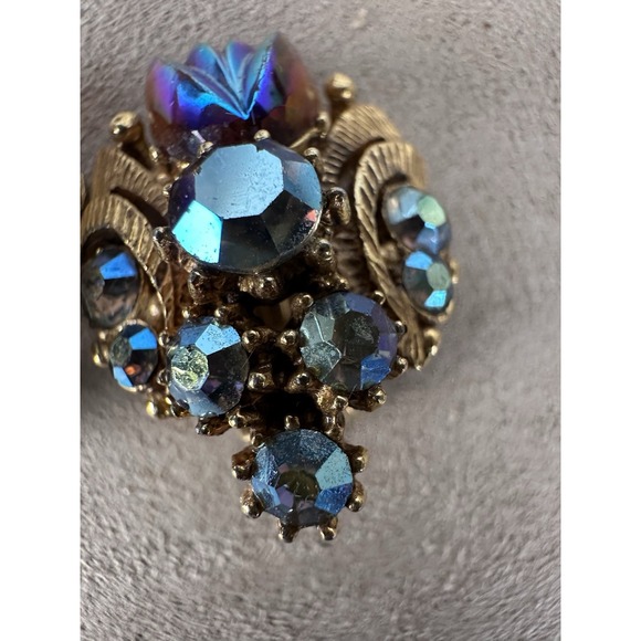 Vtg Florenza Gilt Maltese Cross Blue Borealis Brooch & Earrings Set Signed - Picture 15 of 16